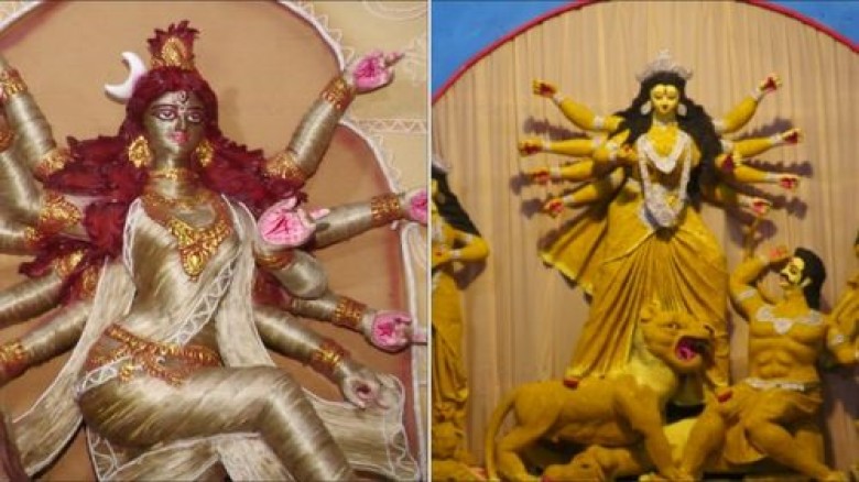 নাটোরে দুই মণ্ডপে পাট ও মুগডাল দিয়ে তৈরি ব্যতিক্র...